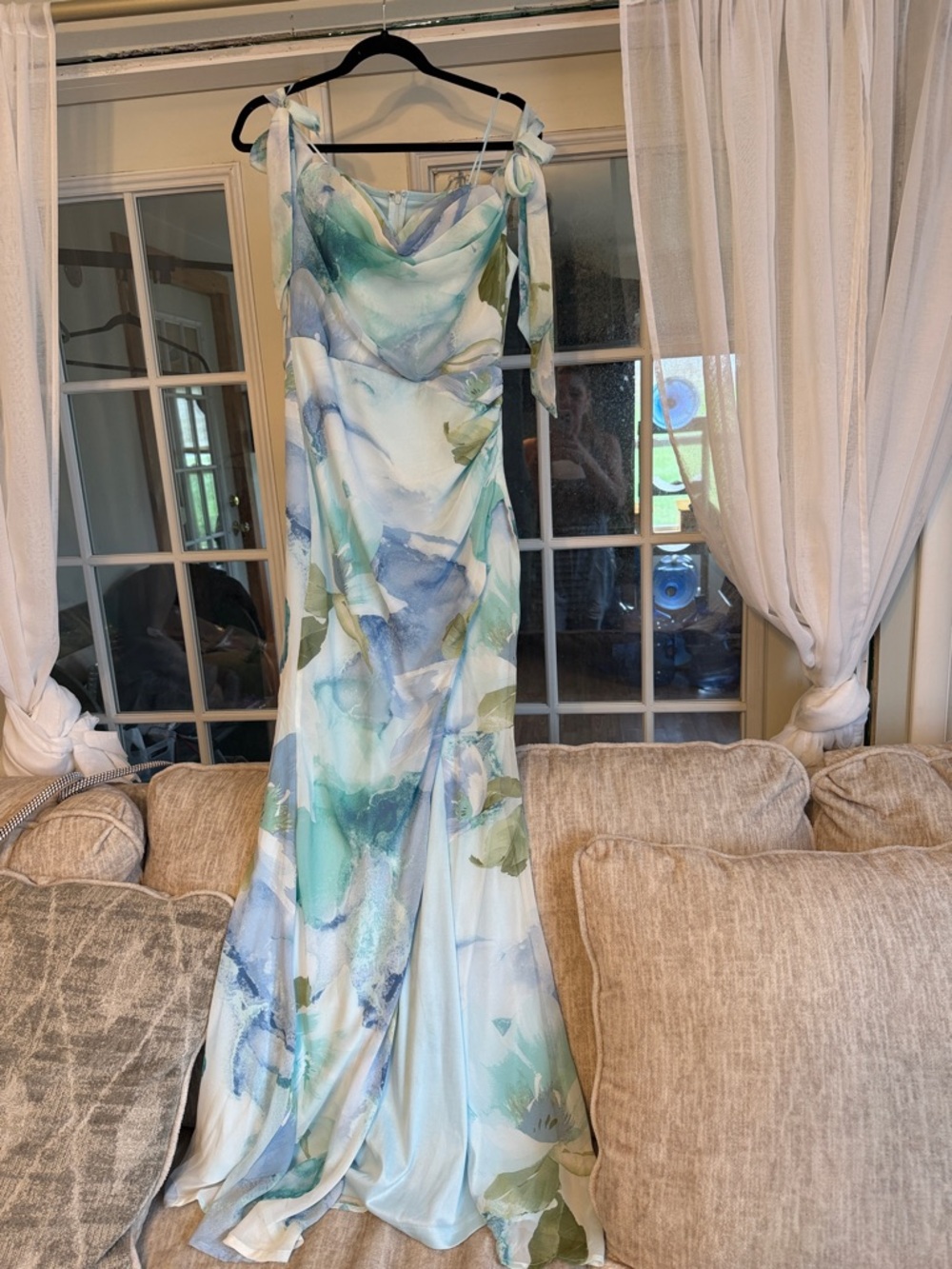 Bella & Bloom Floral Satin Slip Dress in Seafoam Blue